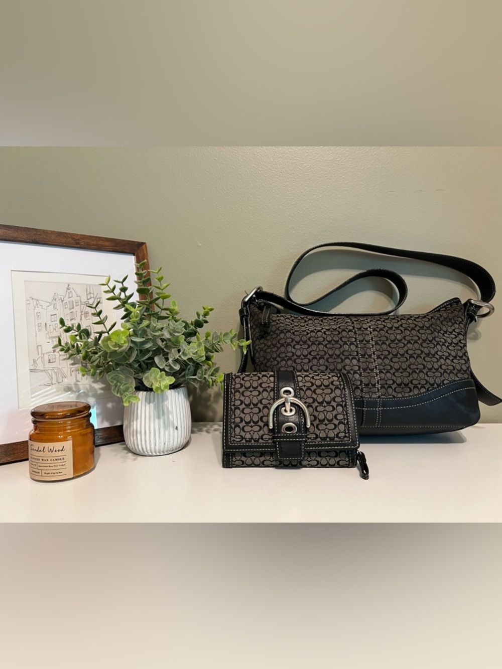 Coach Black Signature Monogram Shoulder Bag with Matching Wallet